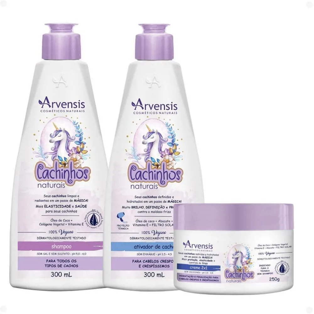 KIT ARVENSIS CACHINHOS NATURAIS CABELOS CRESPOS E CRESPíSSIMOS: SHAMPOO 300ML, CREME 2X1 250G E ATIVADOR DE CACHOS 300ML