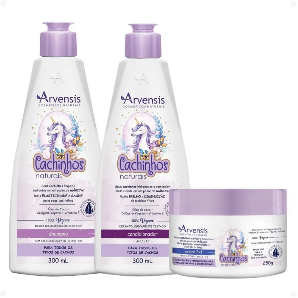 KIT ARVENSIS CACHINHOS NATURAIS CABELOS CRESPOS E CRESPíSSIMOS: SHAMPOO 300ML, CONDICIONADOR 300ML E CREME 2X1 250G