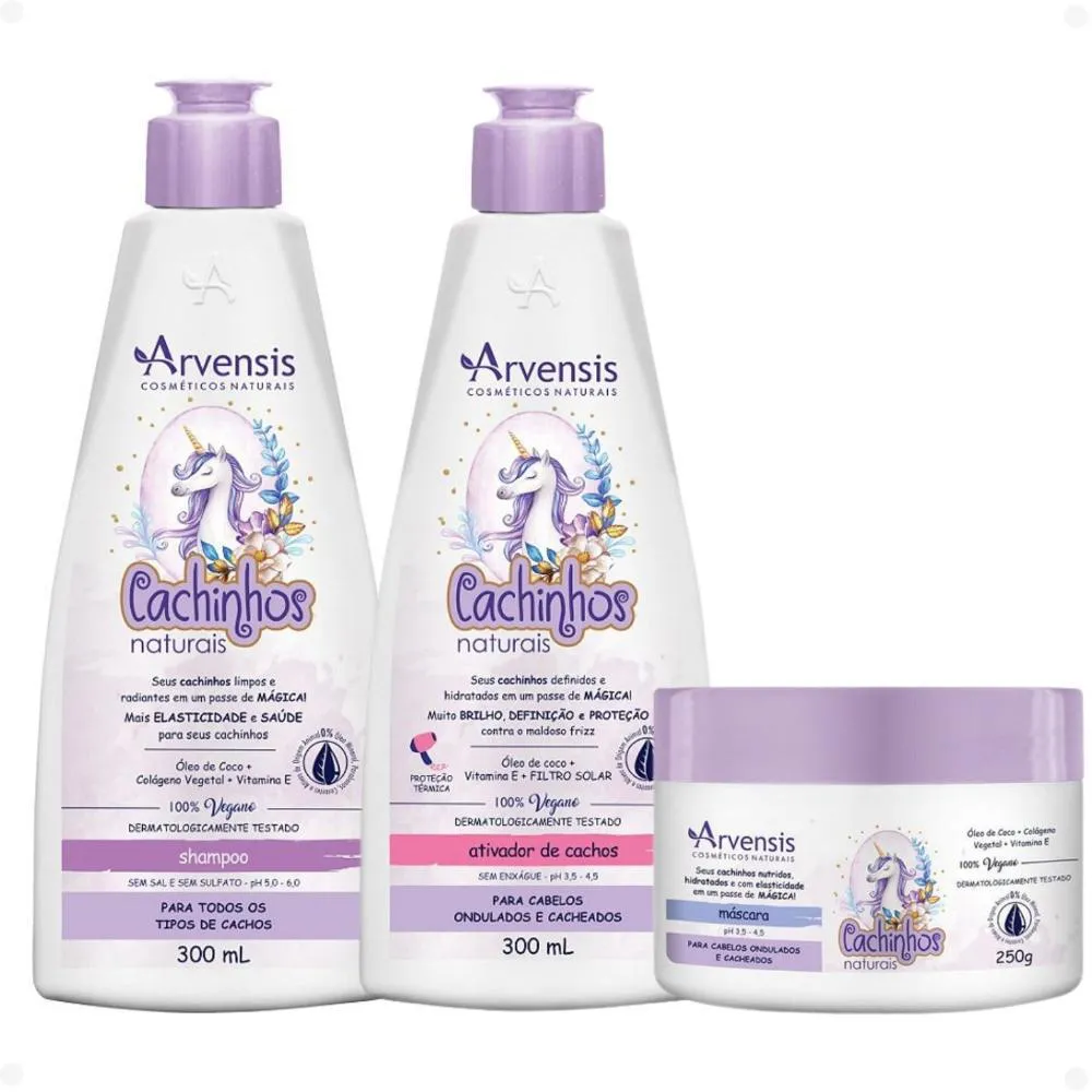 KIT ARVENSIS CACHINHOS NATURAIS CABELOS ONDULADOS E CACHEADOS: SHAMPOO 300ML, MáSCARA 250G E ATIVADOR DE CACHOS 300ML