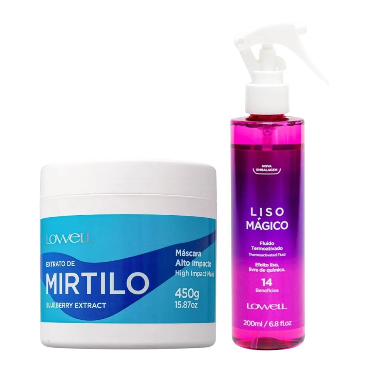 KIT LOWELL EXTRATO DE MIRTILO MáSCARA 450G + LISO  MáGICO FLUIDO TERMOATIVADO 200ML