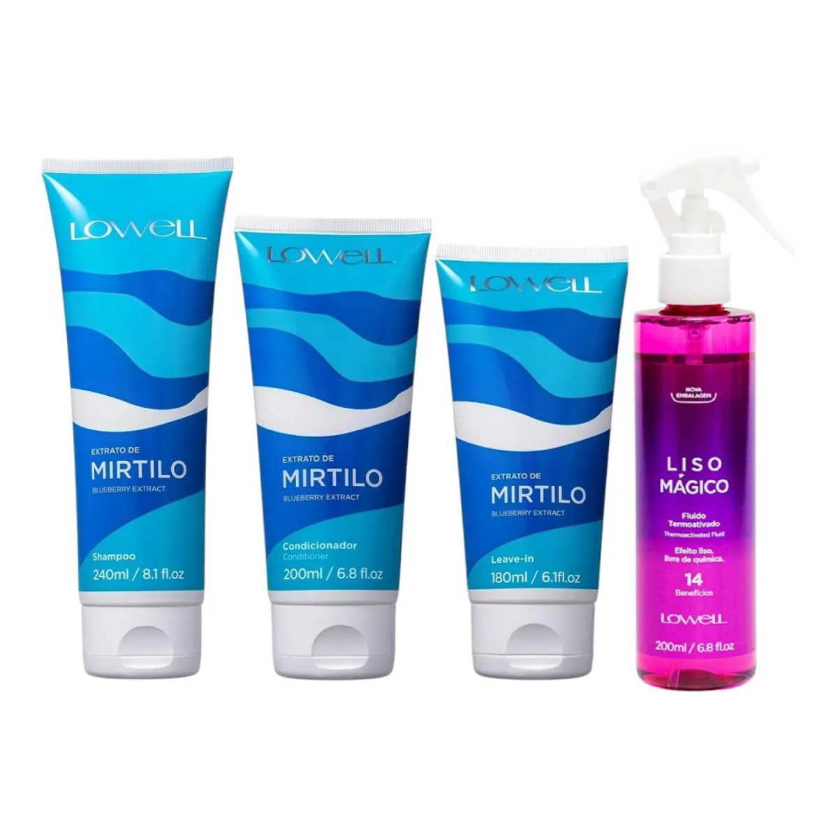 KIT LOWELL EXTRATO DE MIRTILO SHAMPOO + CONDICIONADOR + LEAVE-IN + LISO MáGICO TERMOATIVADO