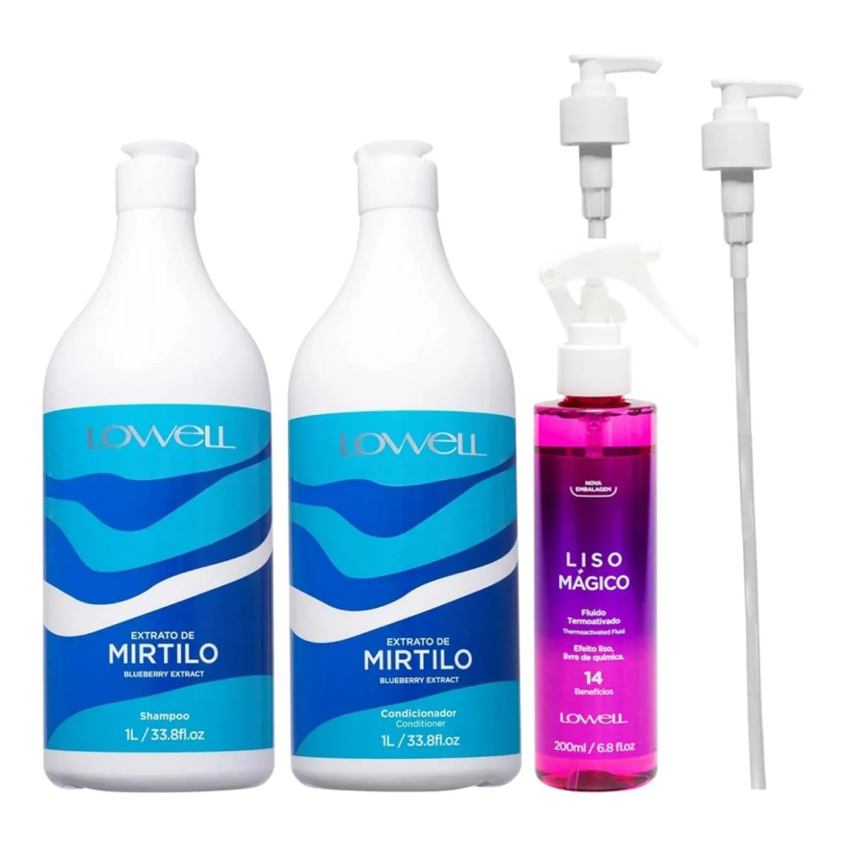 KIT LOWELL EXTRATO DE MIRTILO SHAMPOO 1 LITRO + CONDICIONADOR 1 LITRO + FLUíDO LISO MáGICO 200ML + VáLVULAS PUMP
