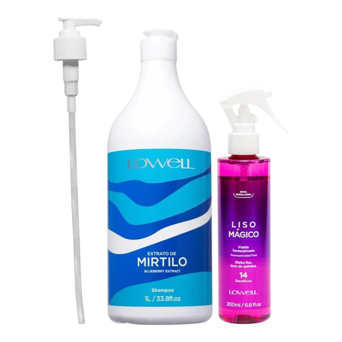 KIT LOWELL EXTRATO DE MIRTILO SHAMPOO 1 LITRO + FLUíDO LISO MáGICO 200ML + VáLVULA PUMP