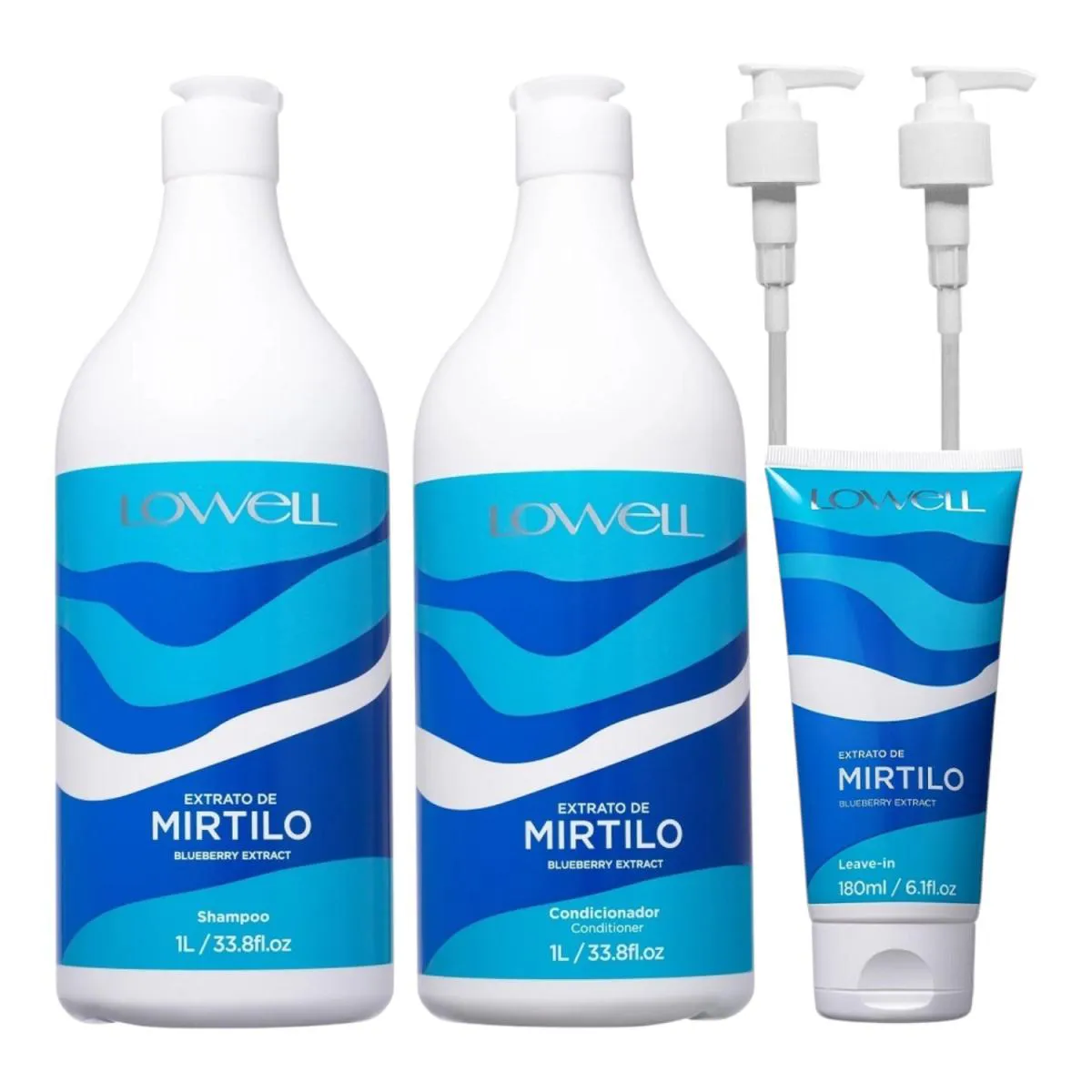 KIT LOWELL EXTRATO DE MIRTILO SHAMPOO 1 LITRO + CONDICIONADOR 1 LITRO + LEAVE-IN 180ML + VáLVULAS PUMP