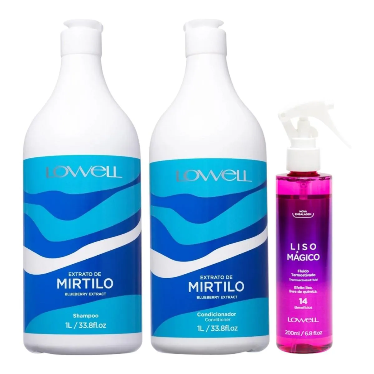 KIT LOWELL EXTRATO DE MIRTILO SHAMPOO 1 LITRO E CONDICIONADOR 1 LITRO + FLUíDO LISO MáGICO 200ML