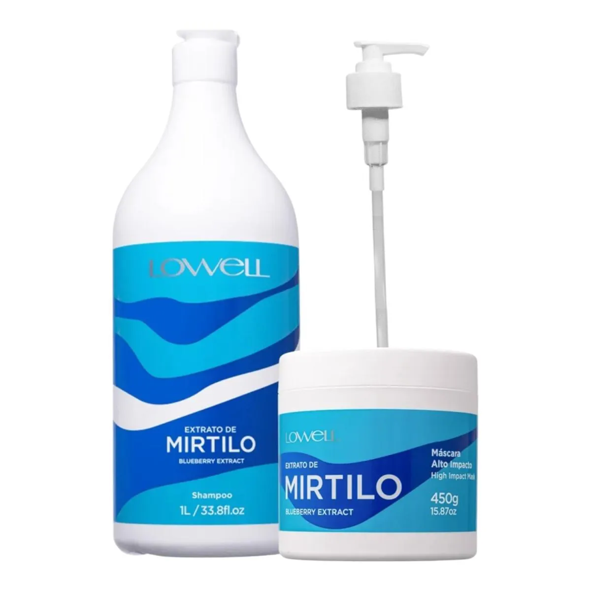 KIT LOWELL EXTRATO DE MIRTILO SHAMPOO 1 LITRO E MáSCARA 450G + VáLVULA PUMP