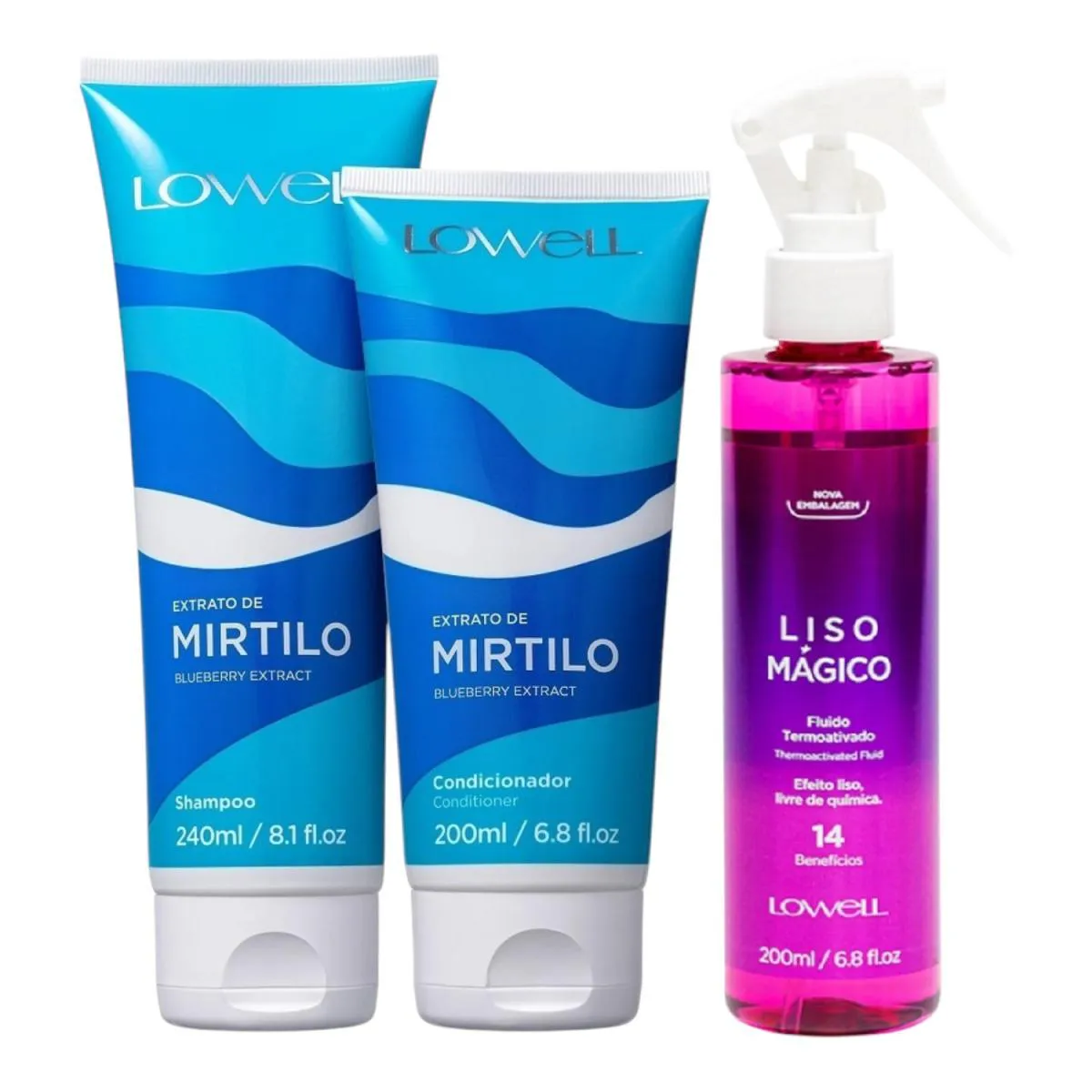 KIT LOWELL EXTRATO DE MIRTILO SHAMPOO 240ML + CONDICIONADOR 200ML + LISO MáGICO TERMOATIVADO 200ML