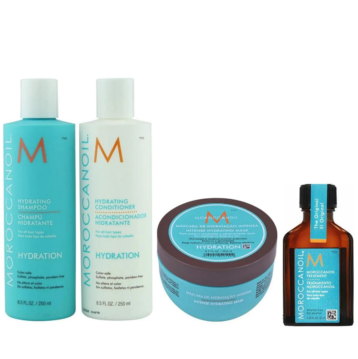 KIT MOROCCANOIL HYDRATING SHAMPOO 250ML + CONDICIONADOR 250ML + MáSCARA 250G + ÓLEO ORIGINAL 25ML