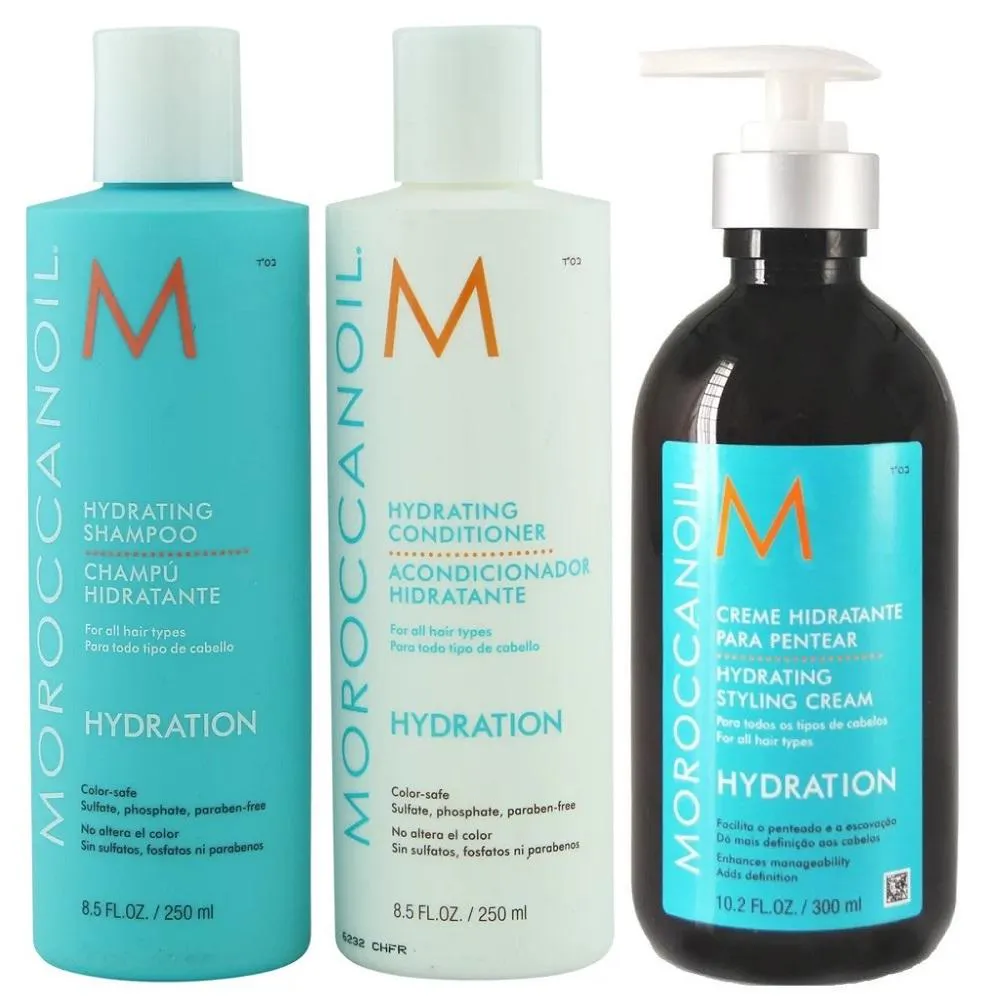 MOROCCANOIL HYDRATING SHAMPOO 250ML + CONDICIONADOR 250ML + CREME PARA PENTEAR 300ML