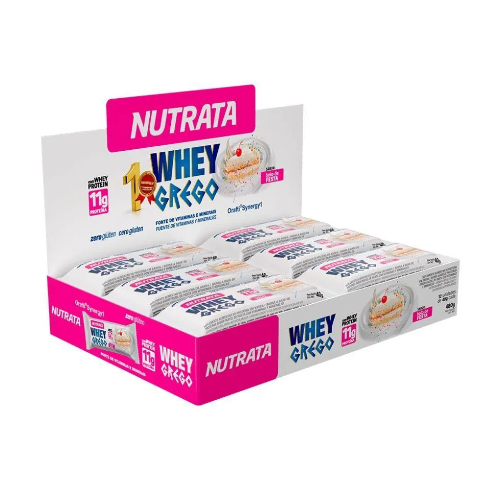 WHEY GREGO BAR CAIXA COM 12 UNIDADES (480G) - SABOR: BOLO DE FESTA