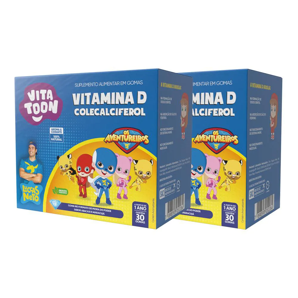 KIT 02 VITATOON LUCCAS NETO VITAMINA D ABACAXI MARACUJá 30 GOMAS MAXINUTRI