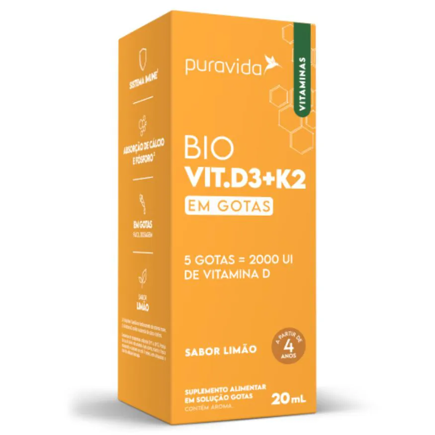 BIO VITAMINA D3 + K2 PURA VIDA EM GOTAS 20ML - VIT D SABOR LIMÃO