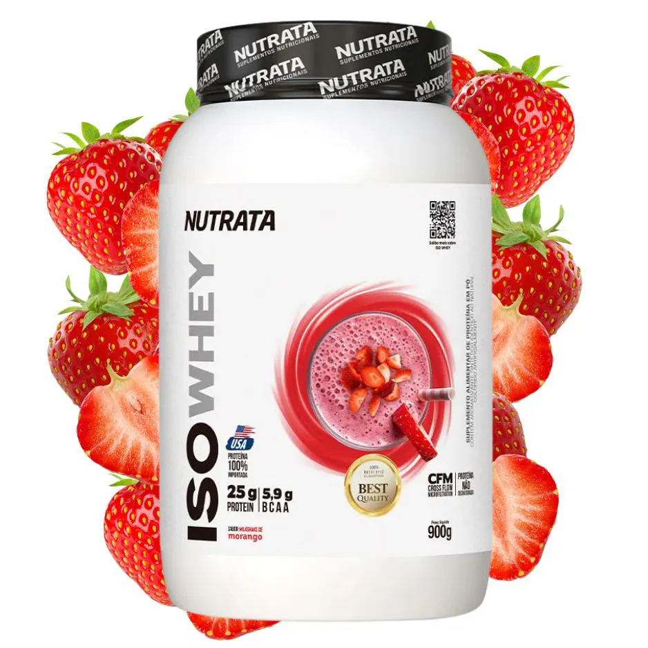 ISO WHEY NUTRATA 900G - MILKSHAKE MORANGO - 25G PROTEINA - 5,9G BCAA