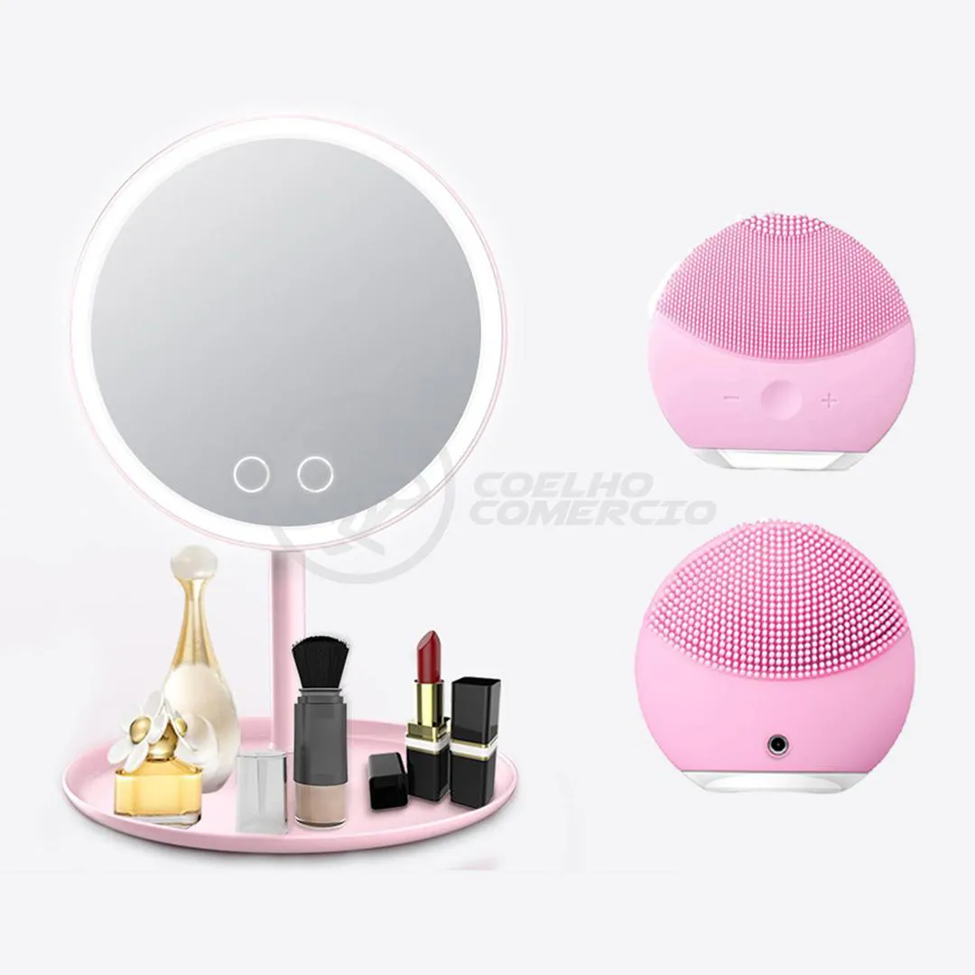 KIT ESPELHO RING LIGHT E MINI ESPELHO 5X + ESPONJA ELéTRICA MASSAGEADORA FOREVER