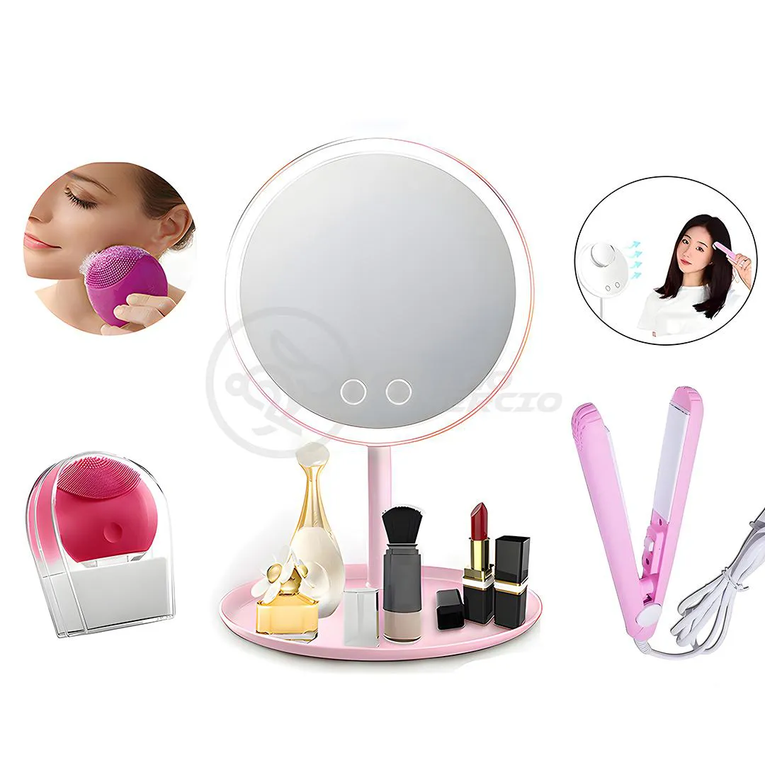KIT ESPELHO LED COM MINI ESPELHO + ESPONJA MASSAGEADORA + MINI CHAPINHA PORTáTIL