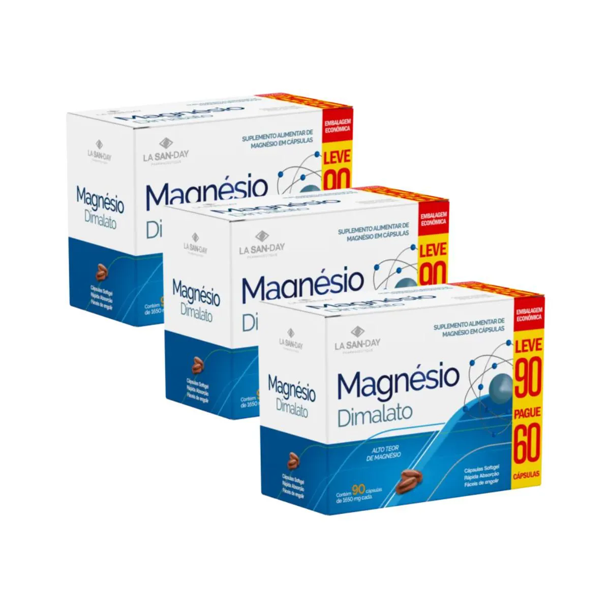 KIT 3UN MAGNéSIO DIMALATO COM 90 CáPSULAS - LA SAN DAY