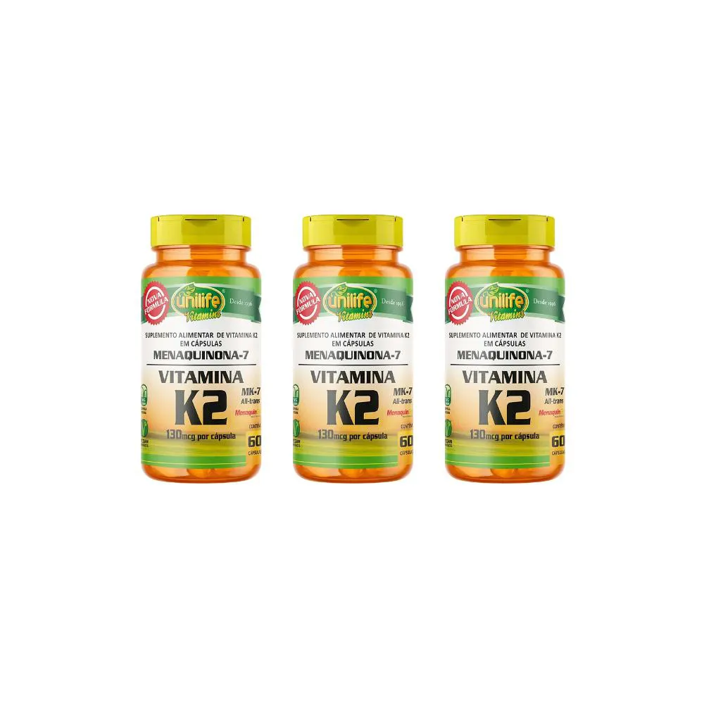 KIT 3 VITAMINA K2 MENAQUINONA MK-7 SUPLEMENTO VEGANO - 60 CAPS - UNILIFE