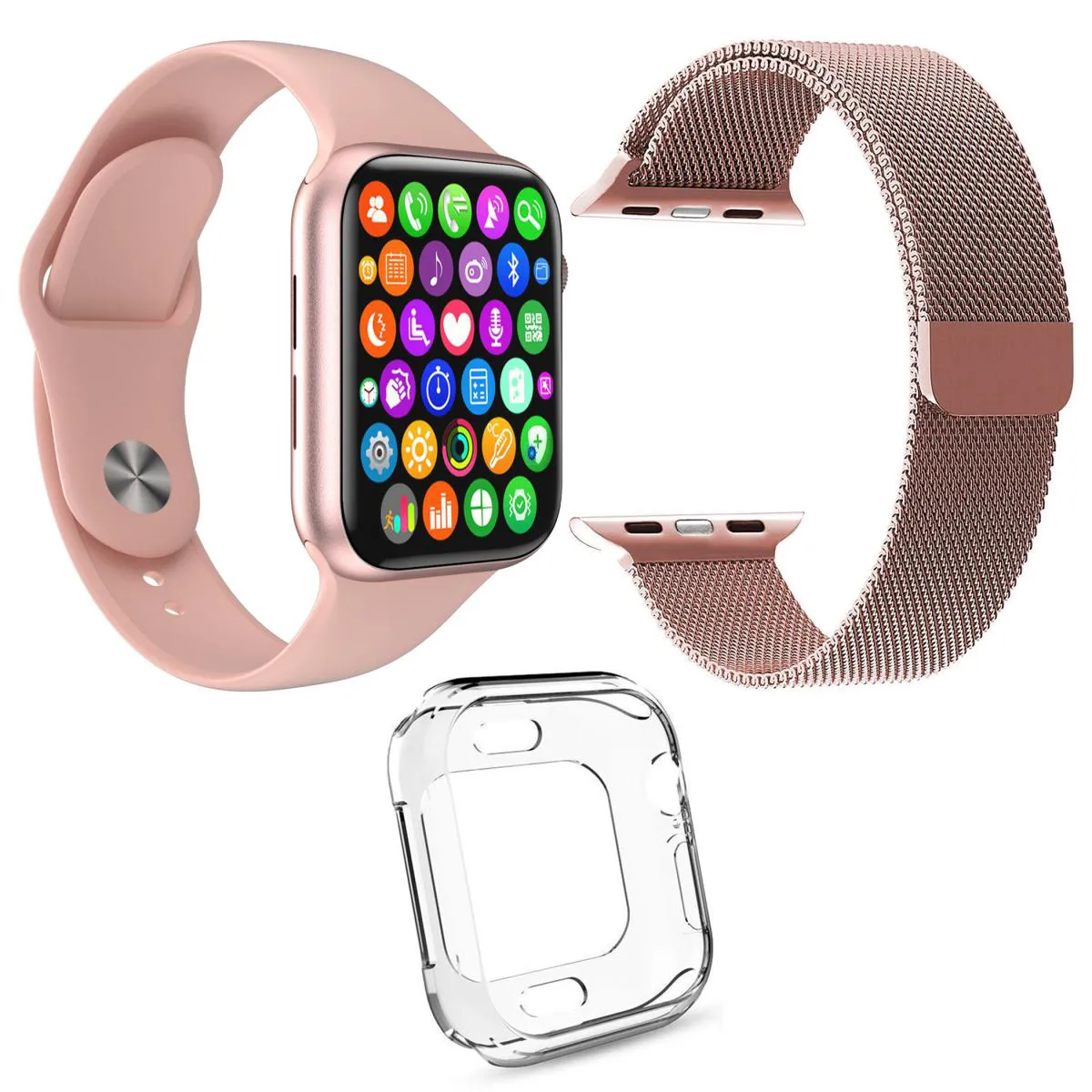 KIT 1 RELóGIO INTELIGENTE SMARTWATCH IWO9 LITE ROSA + 1 PULSEIRA AçO MILANESE ROSA + 1 CASE SILICONE
