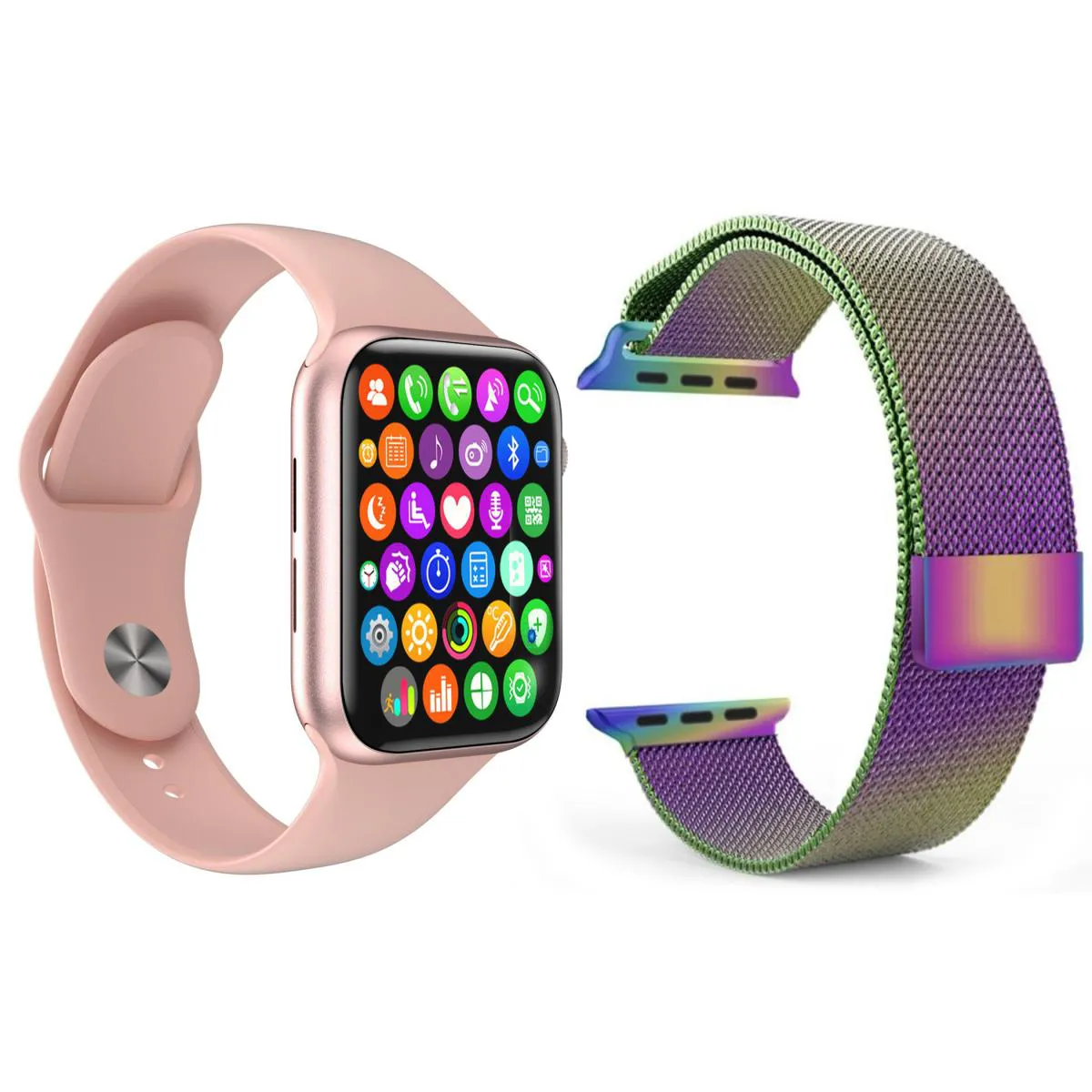 KIT 1 RELóGIO INTELIGENTE SMARTWATCH W34 S ROSA ANDROID IOS + 1 PULSEIRA EXTRA MILANESE ARCO ÍRIS