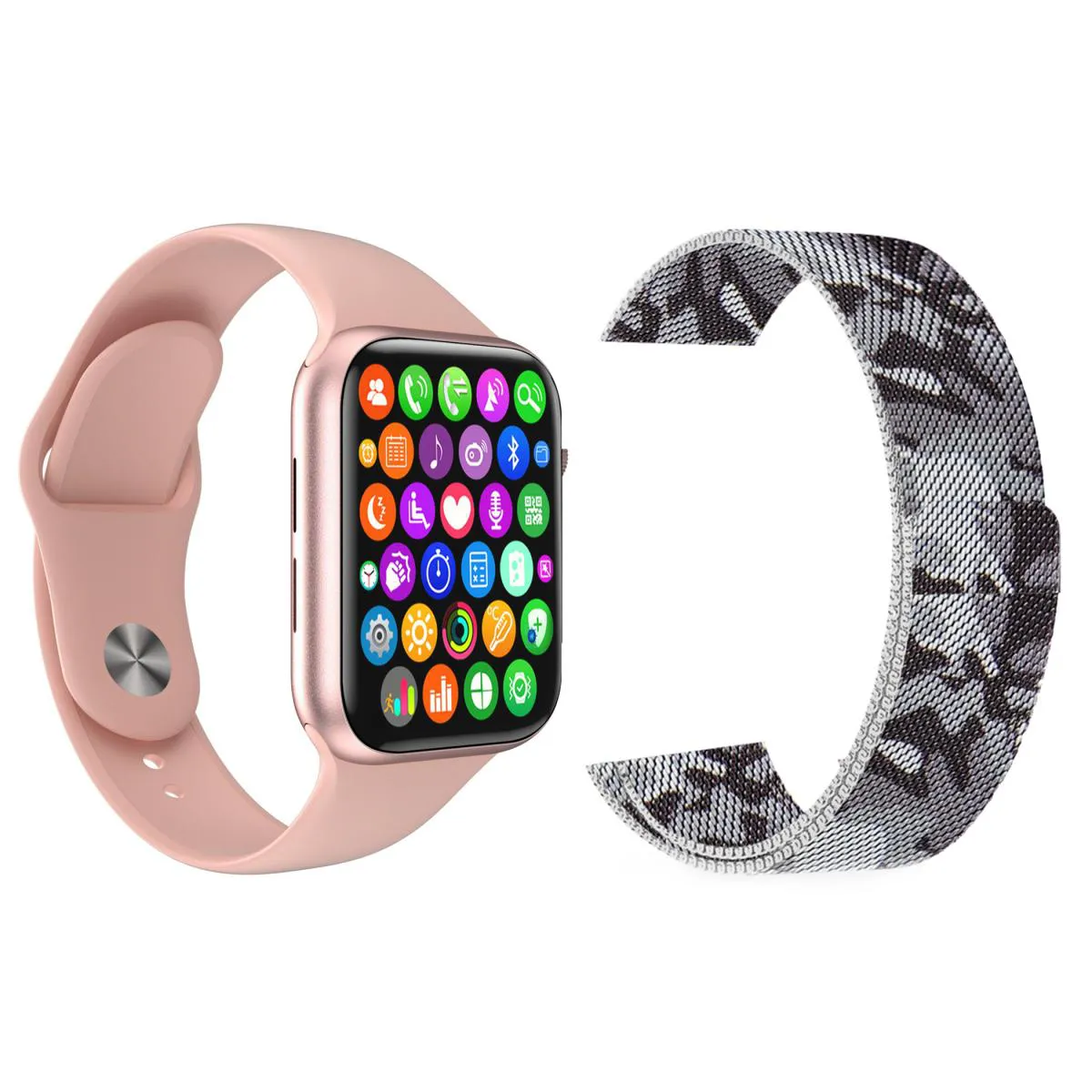 KIT 1 RELóGIO INTELIGENTE SMARTWATCH W34 S ROSA ANDROID IOS + 1 PULSEIRA EXTRA MILANESE CAMUFLADA