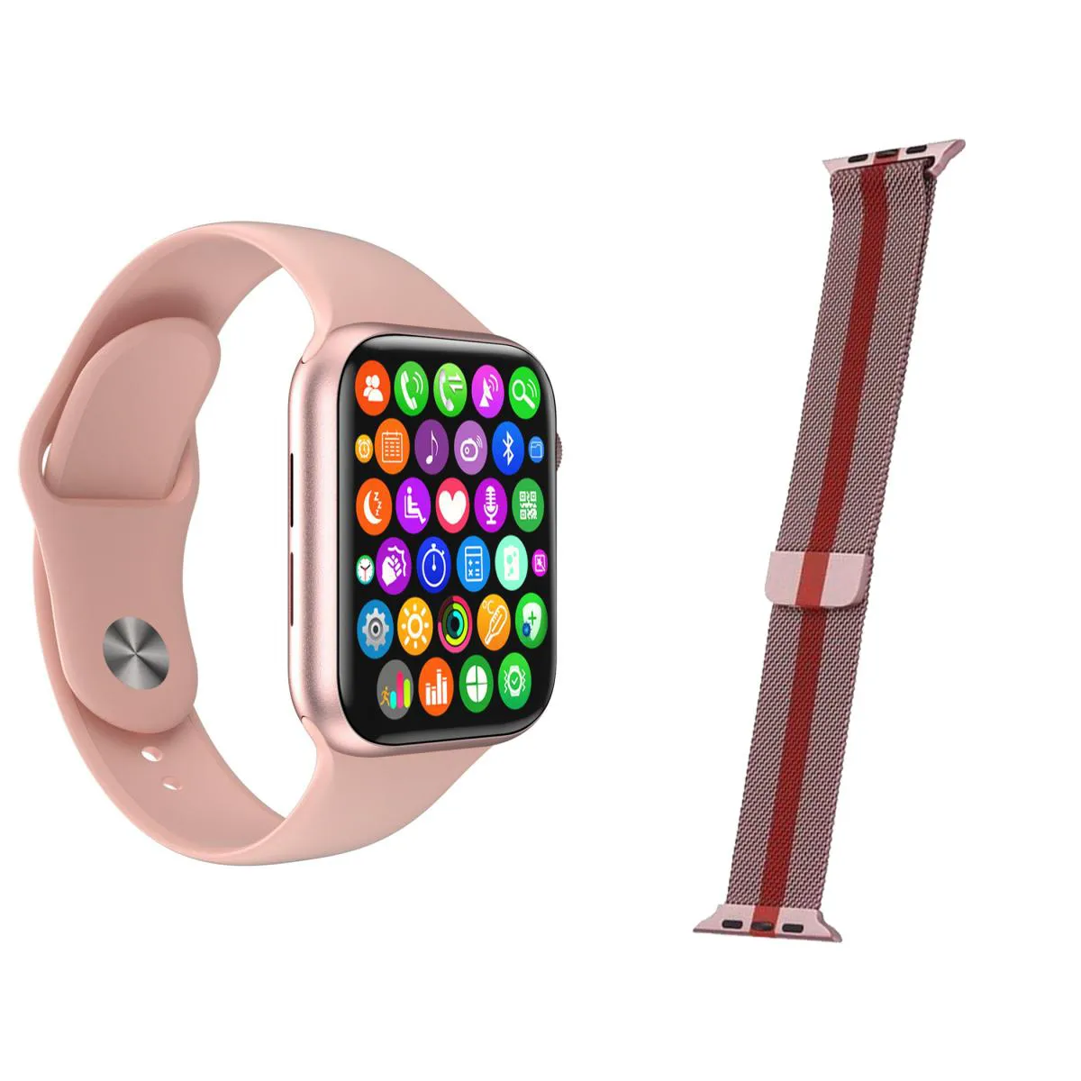 KIT 1 RELóGIO INTELIGENTE SMARTWATCH W34 S ROSA ANDROID IOS + 1 PULSEIRA MILANESE ROSA LISTRADA