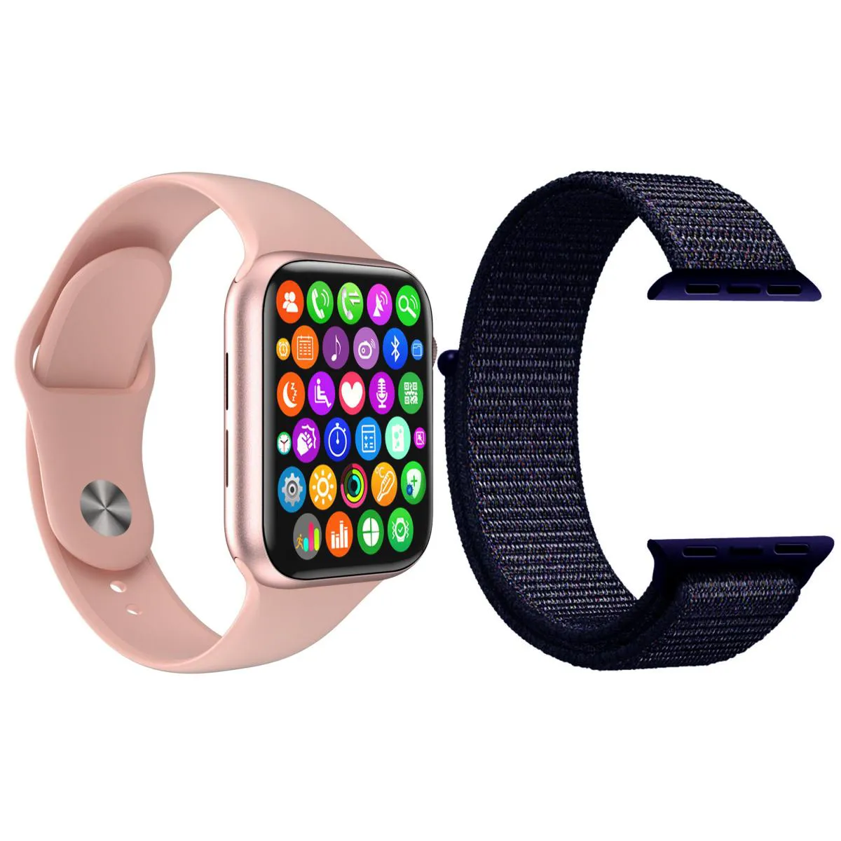 KIT 1 RELóGIO INTELIGENTE SMARTWATCH W34 S ROSA ANDROID IOS + 1 PULSEIRA NYLON AZUL MEIA NOITE