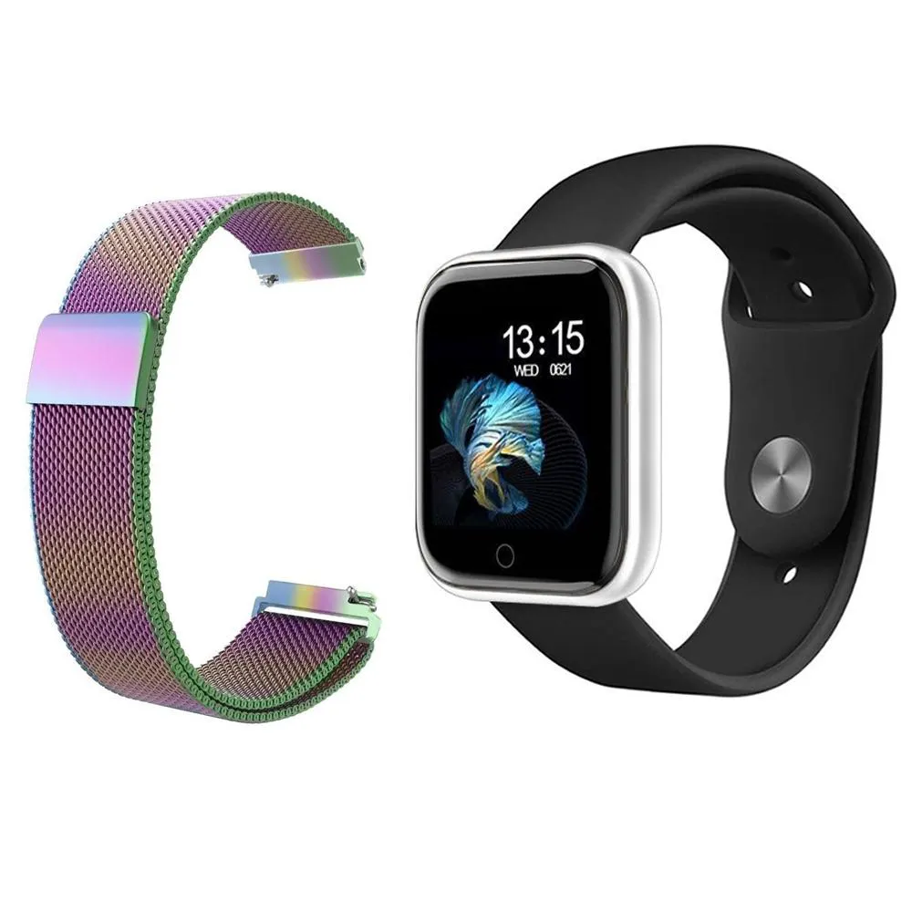 KIT 1 RELóGIO SMARTWATCH P70 MONITOR DE SAúDE PRATA ANDROID IOS + 1 PULSEIRA MILANESA ARCO ÍRIS