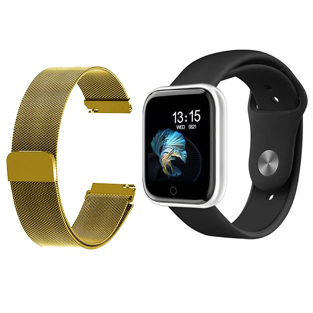 KIT 1 RELóGIO SMARTWATCH P70 MONITOR DE SAúDE PRATA ANDROID IOS + 1 PULSEIRA MILANESA DOURADA
