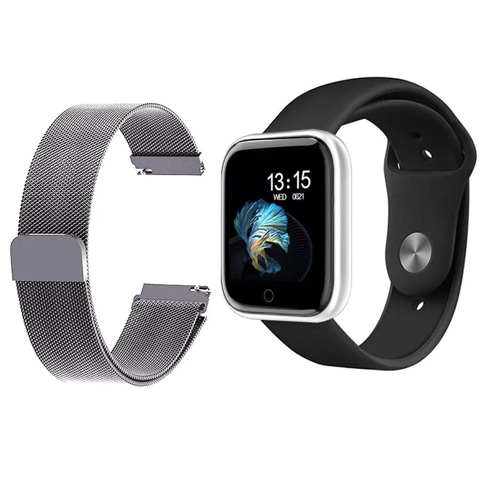 KIT 1 RELóGIO SMARTWATCH P70 MONITOR DE SAúDE PRATA ANDROID IOS + 1 PULSEIRA MILANESA PRATA