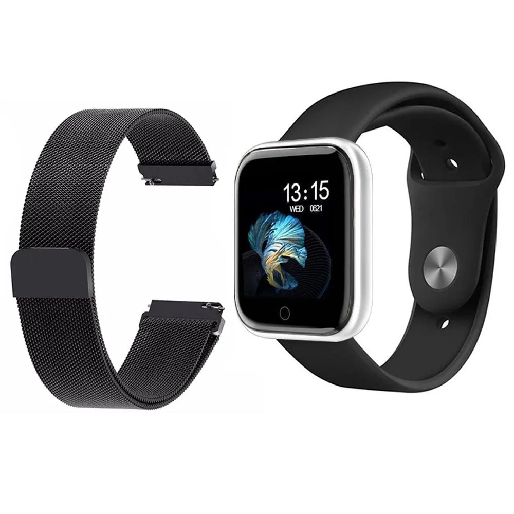 KIT 1 RELóGIO SMARTWATCH P70 MONITOR DE SAúDE PRATA ANDROID IOS + 1 PULSEIRA MILANESA PRETO