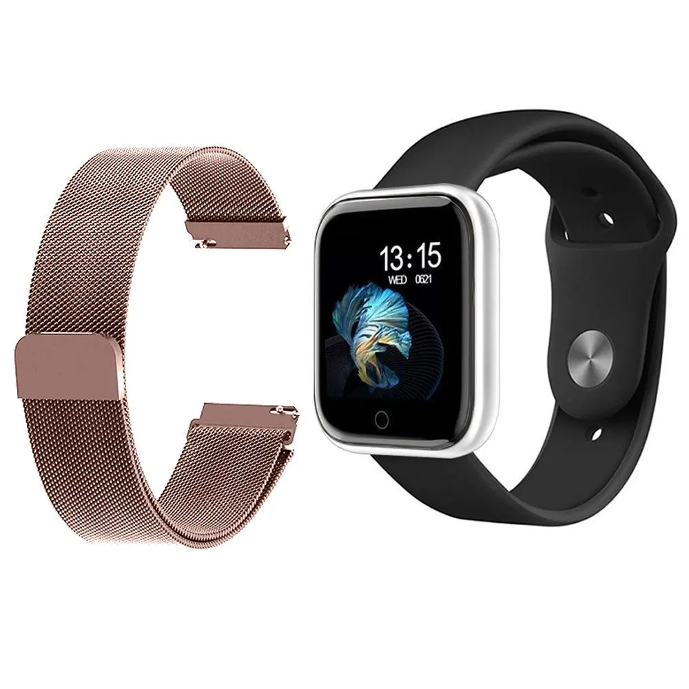 KIT 1 RELóGIO SMARTWATCH P70 MONITOR DE SAúDE PRATA ANDROID IOS + 1 PULSEIRA MILANESA ROSA