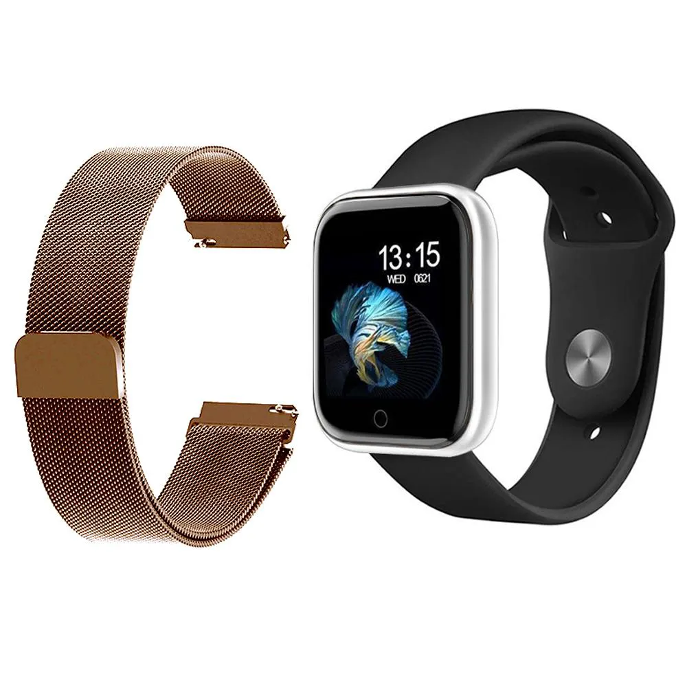 KIT 1 RELóGIO SMARTWATCH P70 MONITOR DE SAúDE PRATA ANDROID IOS + 1 PULSEIRA MILANESA ROSE GOLD