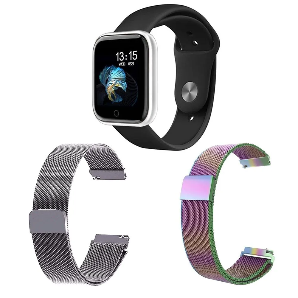 KIT 1 RELóGIO SMARTWATCH P70 MONITOR DE SAúDE PRATA ANDROID IOS + 2 PULSEIRAS MILANESA PRATA E ARCO ÍRIS
