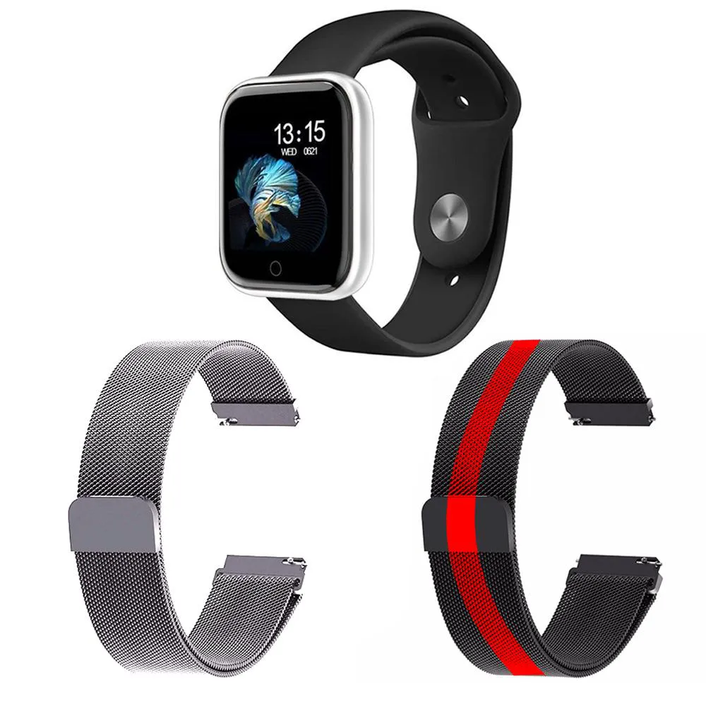 KIT 1 RELóGIO SMARTWATCH P70 MONITOR DE SAúDE PRATA ANDROID IOS + 2 PULSEIRAS MILANESA PRATA E LISTRADO