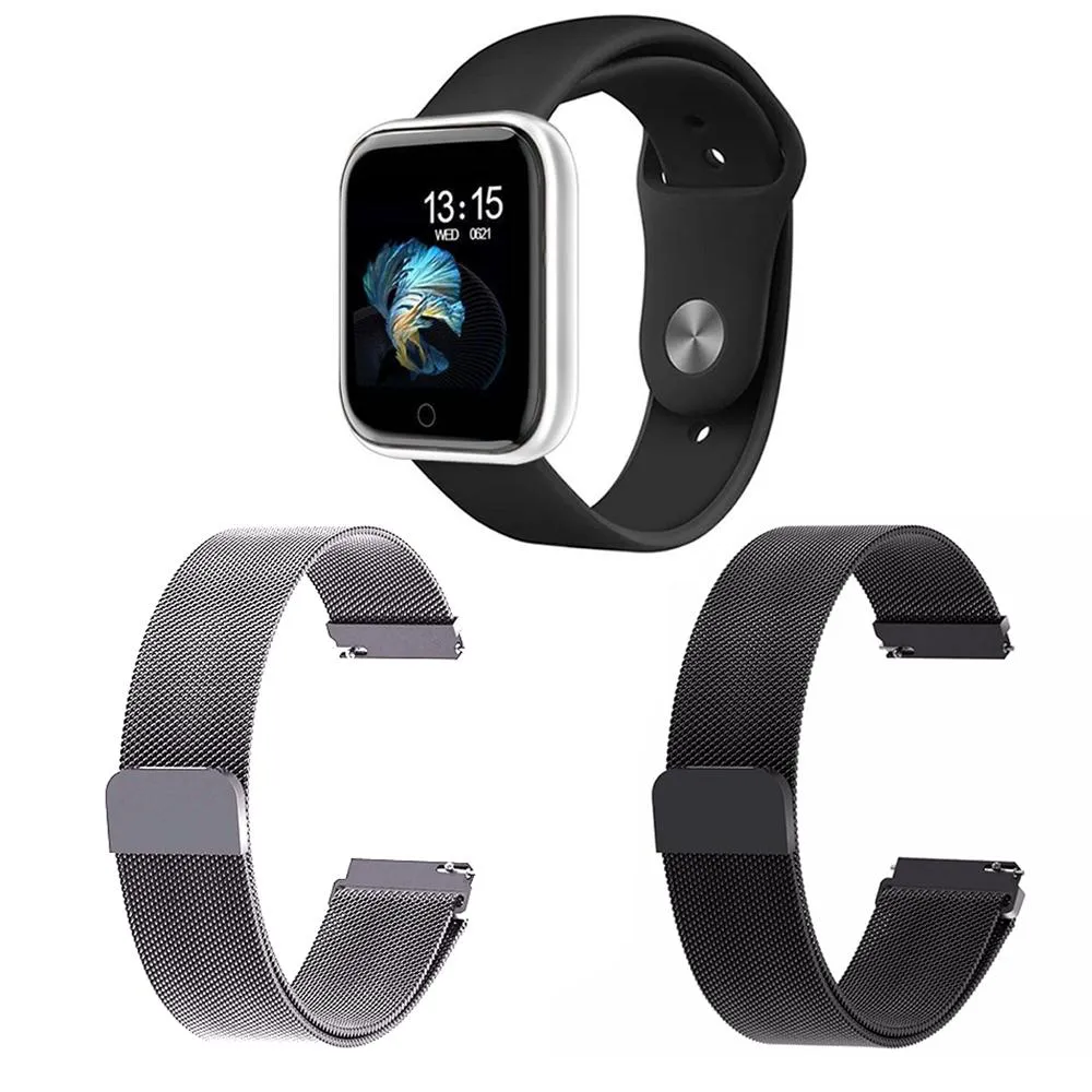 KIT 1 RELóGIO SMARTWATCH P70 MONITOR DE SAúDE PRATA ANDROID IOS + 2 PULSEIRAS MILANESA PRATA E PRETO