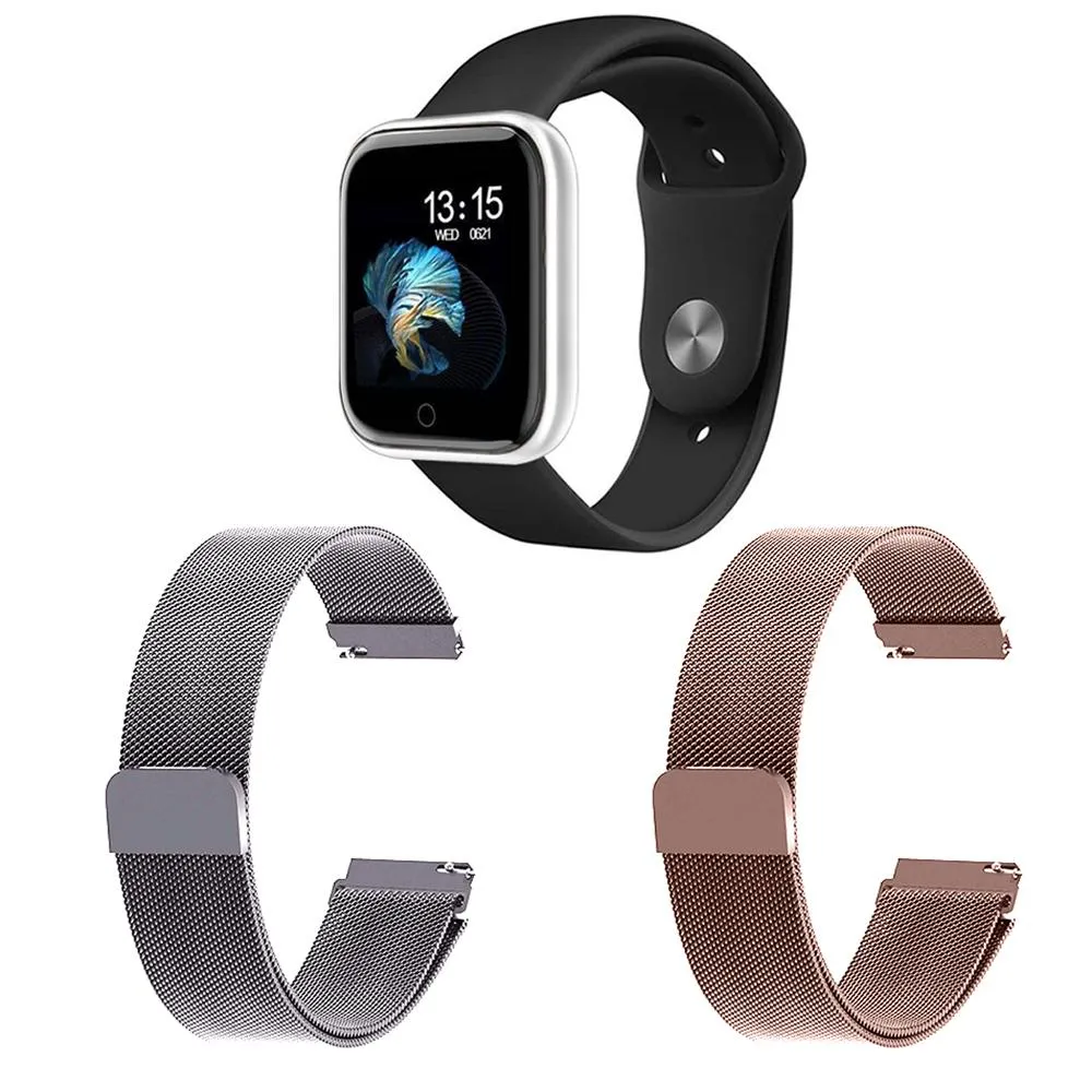 KIT 1 RELóGIO SMARTWATCH P70 MONITOR DE SAúDE PRATA ANDROID IOS + 2 PULSEIRAS MILANESA PRATA E ROSA