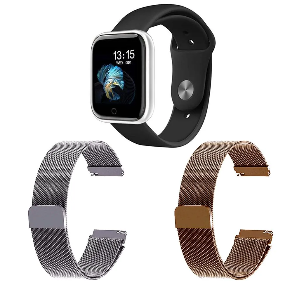 KIT 1 RELóGIO SMARTWATCH P70 MONITOR DE SAúDE PRATA ANDROID IOS + 2 PULSEIRAS MILANESA PRATA E ROSê
