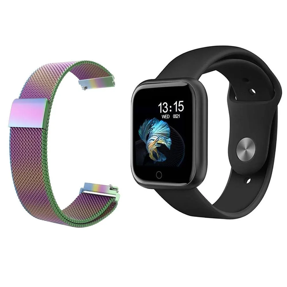 KIT 1 RELóGIO SMARTWATCH P70 MONITOR DE SAúDE PRETO ANDROID IOS + 1 PULSEIRA MILANESA ARCO ÍRIS