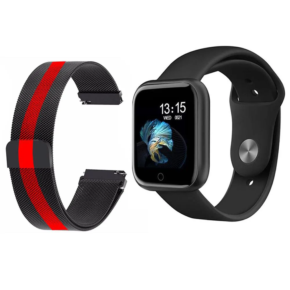 KIT 1 RELóGIO SMARTWATCH P70 MONITOR DE SAúDE PRETO ANDROID IOS + 1 PULSEIRA MILANESA PRETO LISTRADA