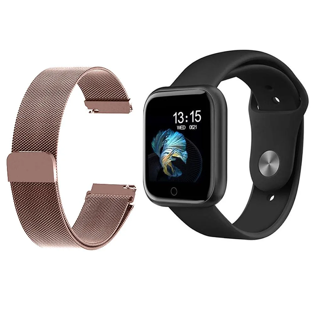 KIT 1 RELóGIO SMARTWATCH P70 MONITOR DE SAúDE PRETO ANDROID IOS + 1 PULSEIRA MILANESA ROSA