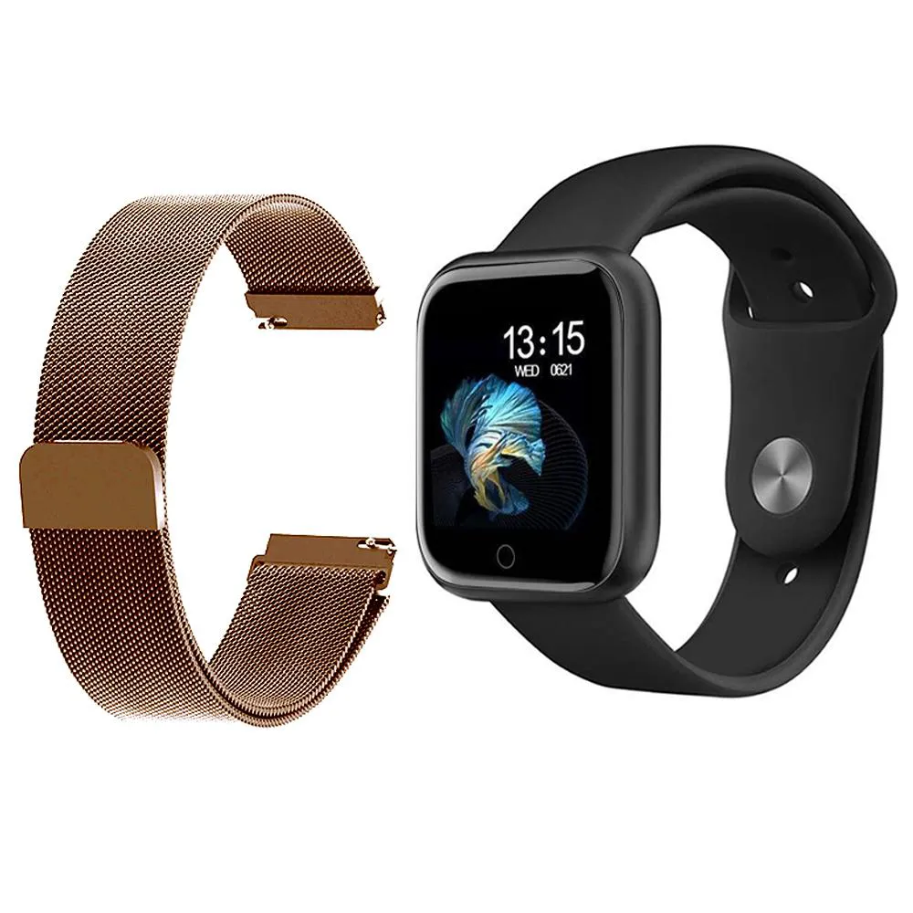 KIT 1 RELóGIO SMARTWATCH P70 MONITOR DE SAúDE PRETO ANDROID IOS + 1 PULSEIRA MILANESA ROSE GOLD