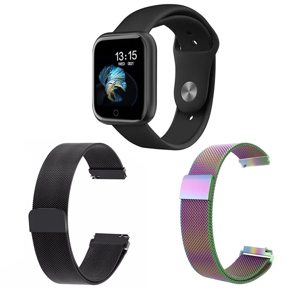 KIT 1 RELóGIO SMARTWATCH P70 MONITOR DE SAúDE PRETO ANDROID IOS + 2 PULSEIRAS MILANESA PRETO E ARCO ÍRIS