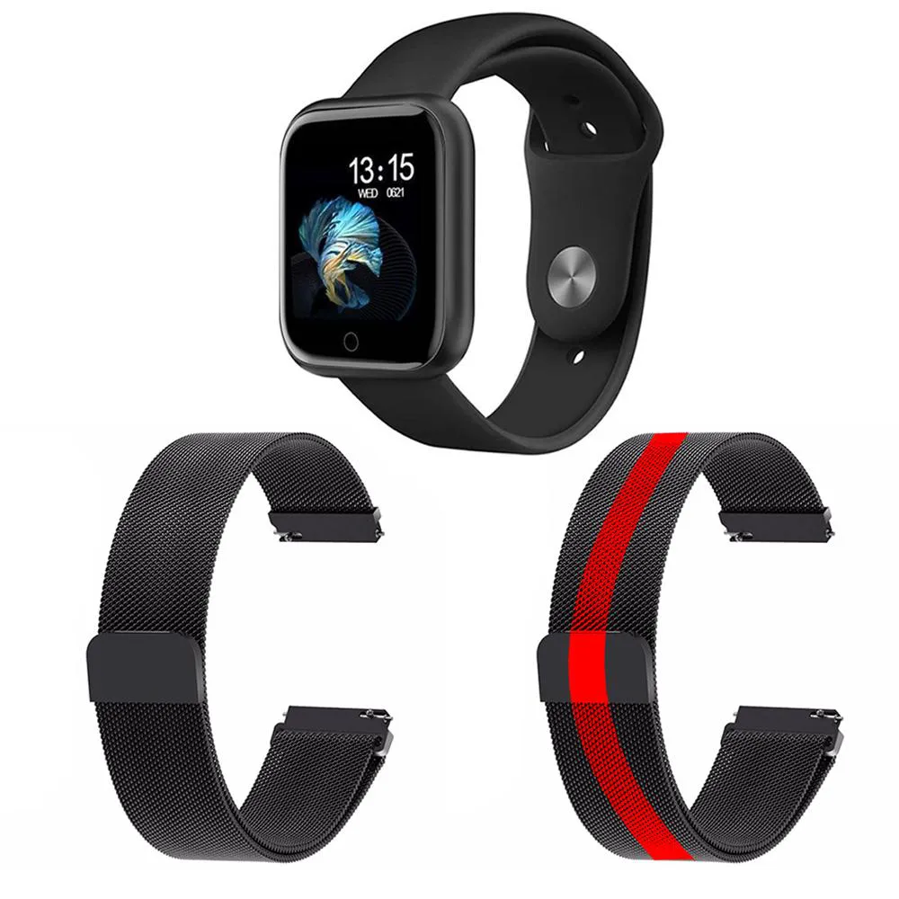 KIT 1 RELóGIO SMARTWATCH P70 MONITOR DE SAúDE PRETO ANDROID IOS + 2 PULSEIRAS MILANESA PRETO E LISTRADO