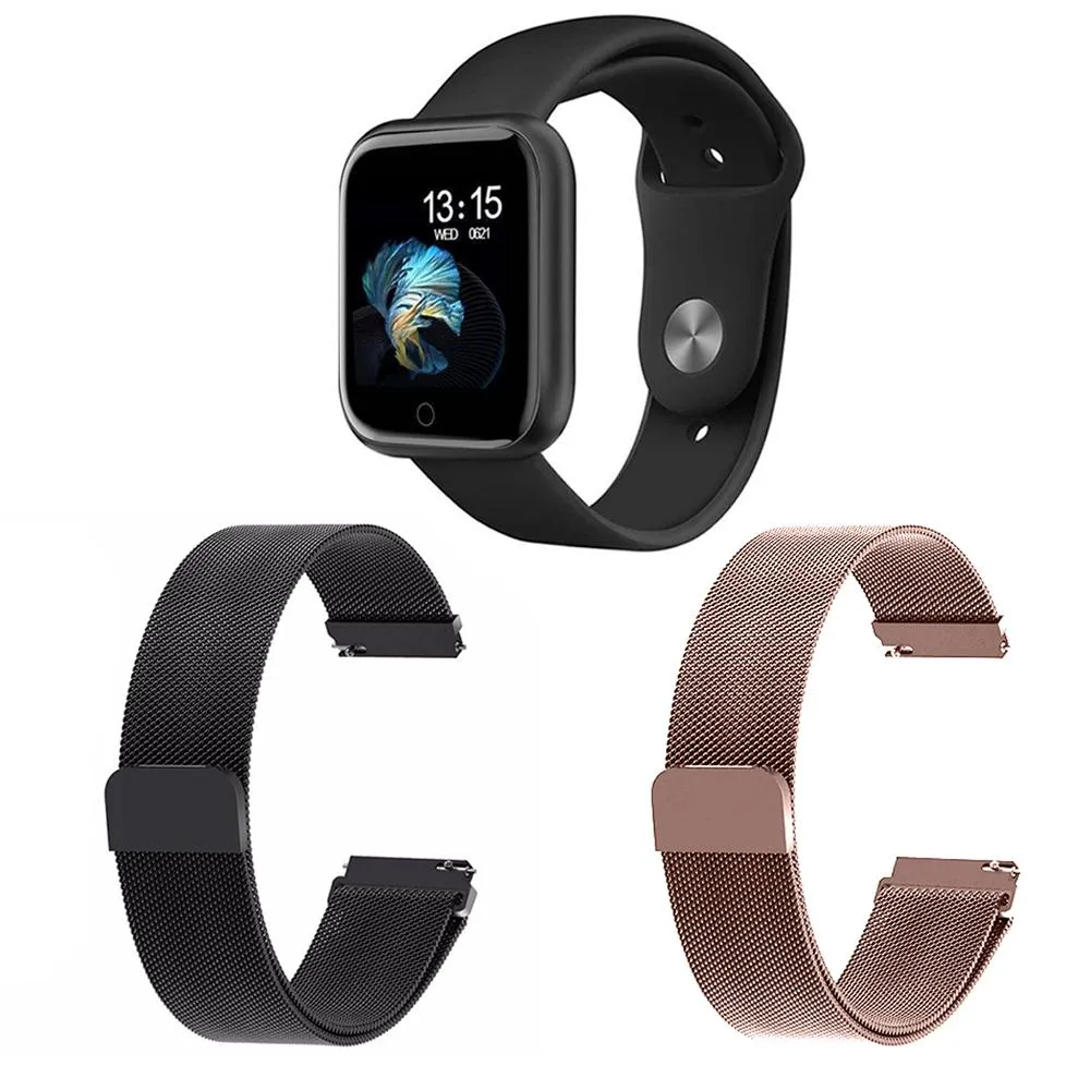 KIT 1 RELóGIO SMARTWATCH P70 MONITOR DE SAúDE PRETO ANDROID IOS + 2 PULSEIRAS MILANESA PRETO E ROSA