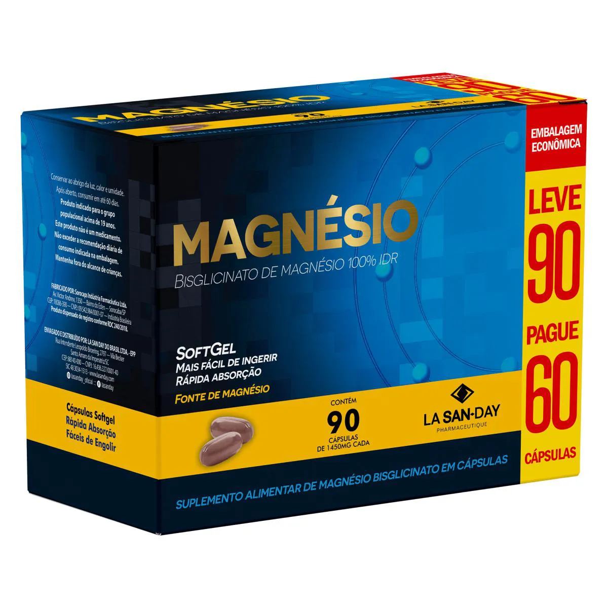 MAGNéSIO BISGLICINATO 1000MG - 90 CáPSULAS - LA SAN DAY