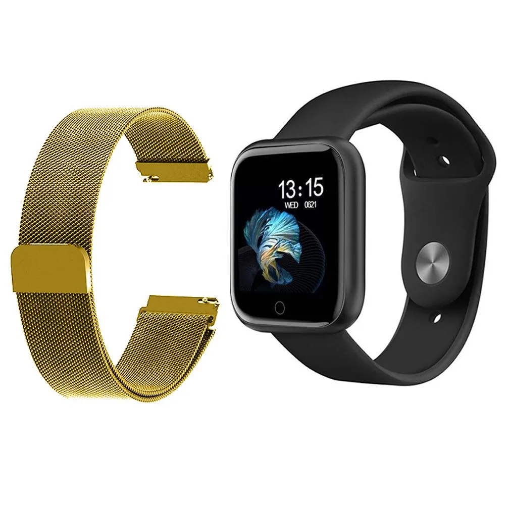 KIT 1 RELóGIO SMARTWATCH P70 MONITOR DE SAúDE PRETO ANDROID IOS + 1 PULSEIRA MILANESA DOURADA
