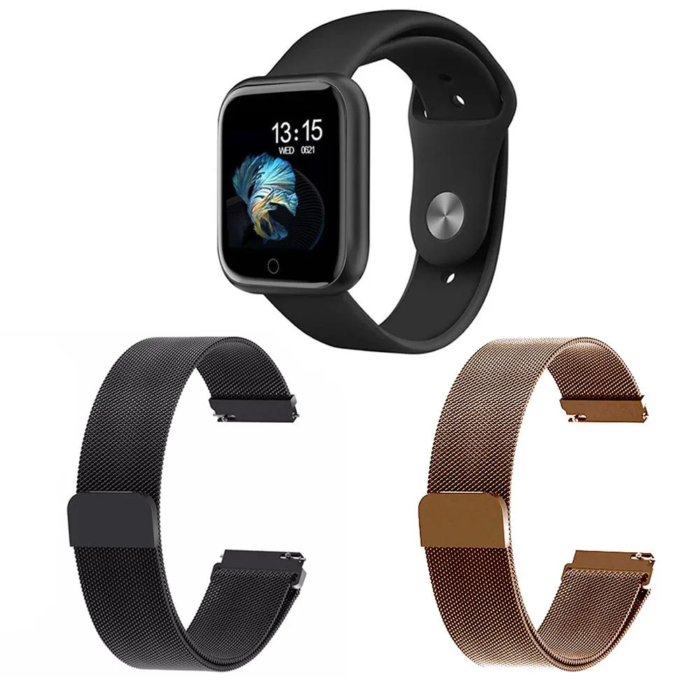 KIT 1 RELóGIO SMARTWATCH P70 MONITOR DE SAúDE PRETO ANDROID IOS + 2 PULSEIRAS MILANESA PRETO E ROSê