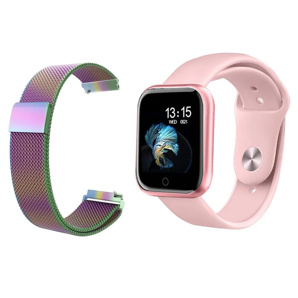 KIT 1 RELóGIO SMARTWATCH P70 MONITOR DE SAúDE ROSA ANDROID IOS + 1 PULSEIRA MILANESA ARCO ÍRIS