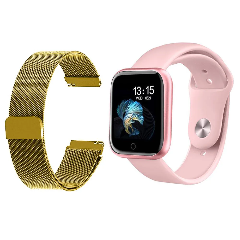 KIT 1 RELóGIO SMARTWATCH P70 MONITOR DE SAúDE ROSA ANDROID IOS + 1 PULSEIRA MILANESA DOURADA