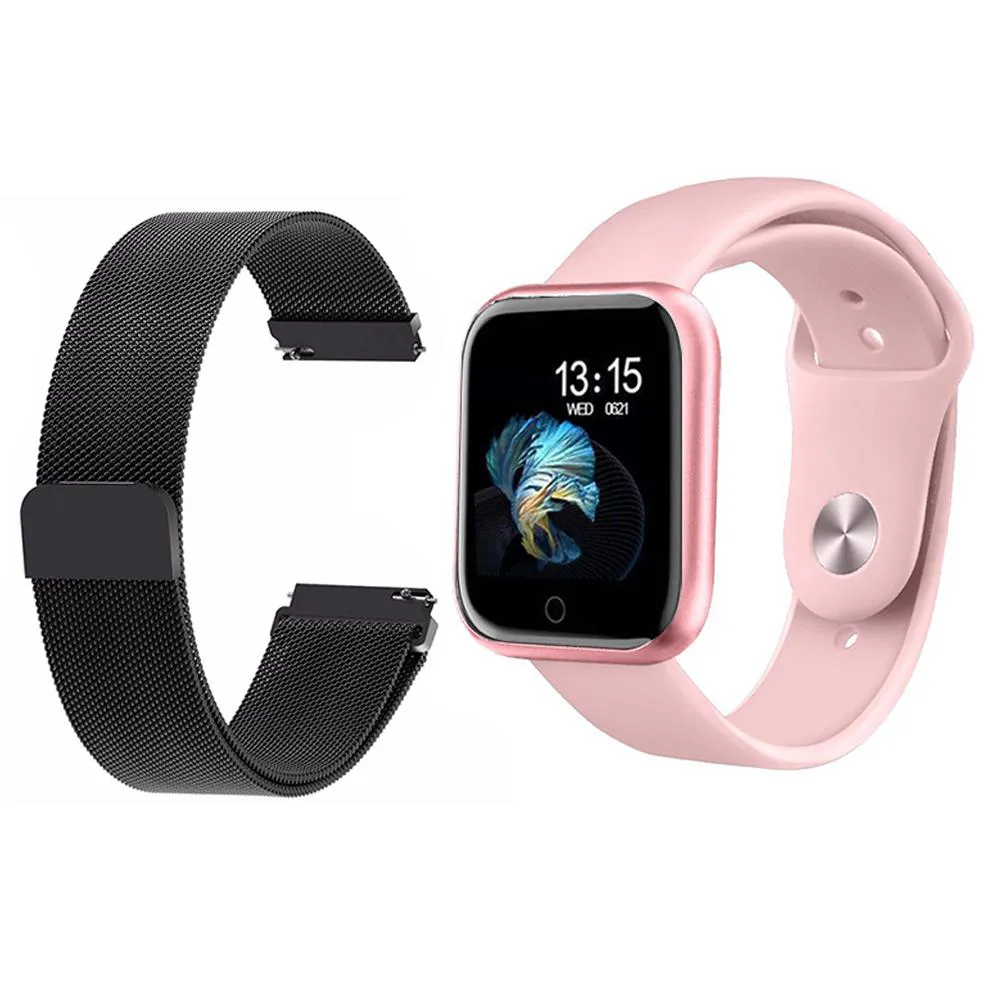 KIT 1 RELóGIO SMARTWATCH P70 MONITOR DE SAúDE ROSA ANDROID IOS + 1 PULSEIRA MILANESA PRETO